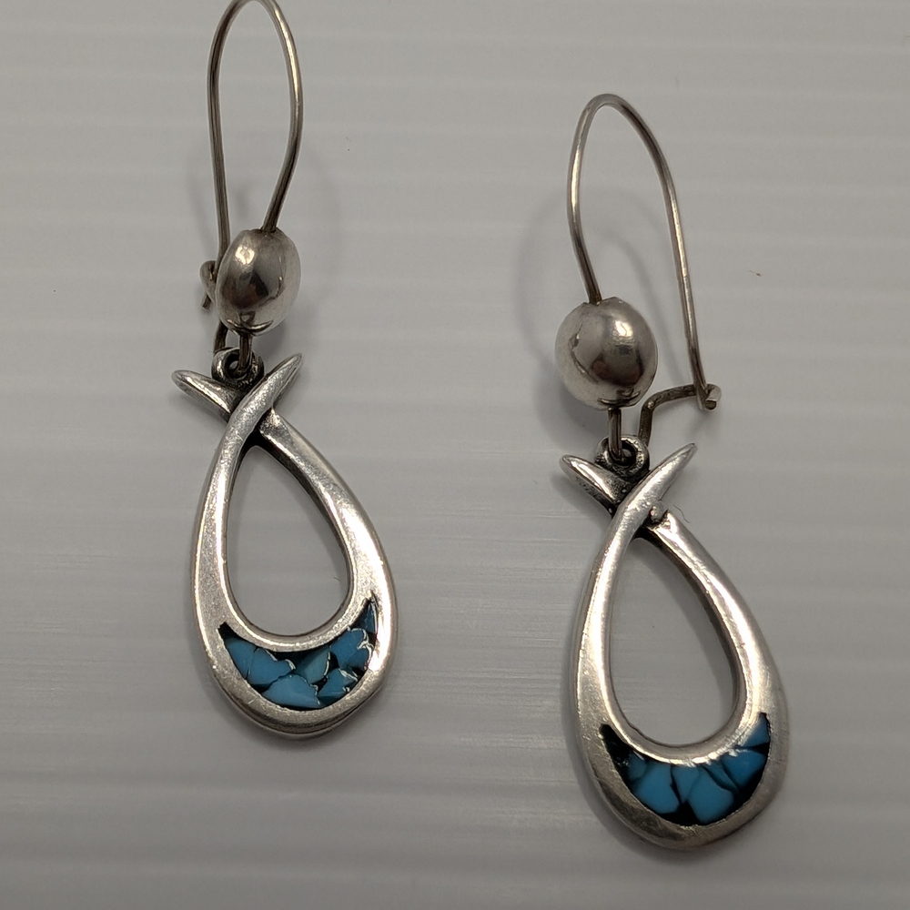 Sterling Silver Vintage Native American Earrings With Turquoise Inlay